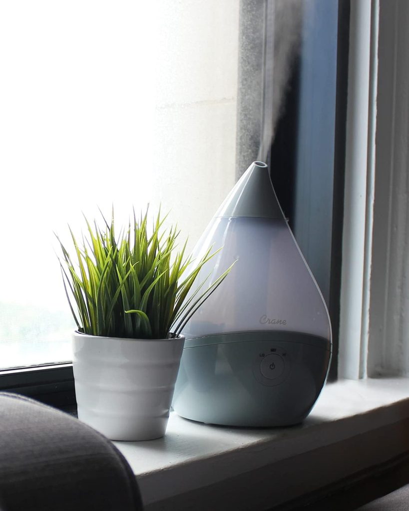 the Crane Filter-Free Droplet, Cool Mist Humidifier beside a house plant